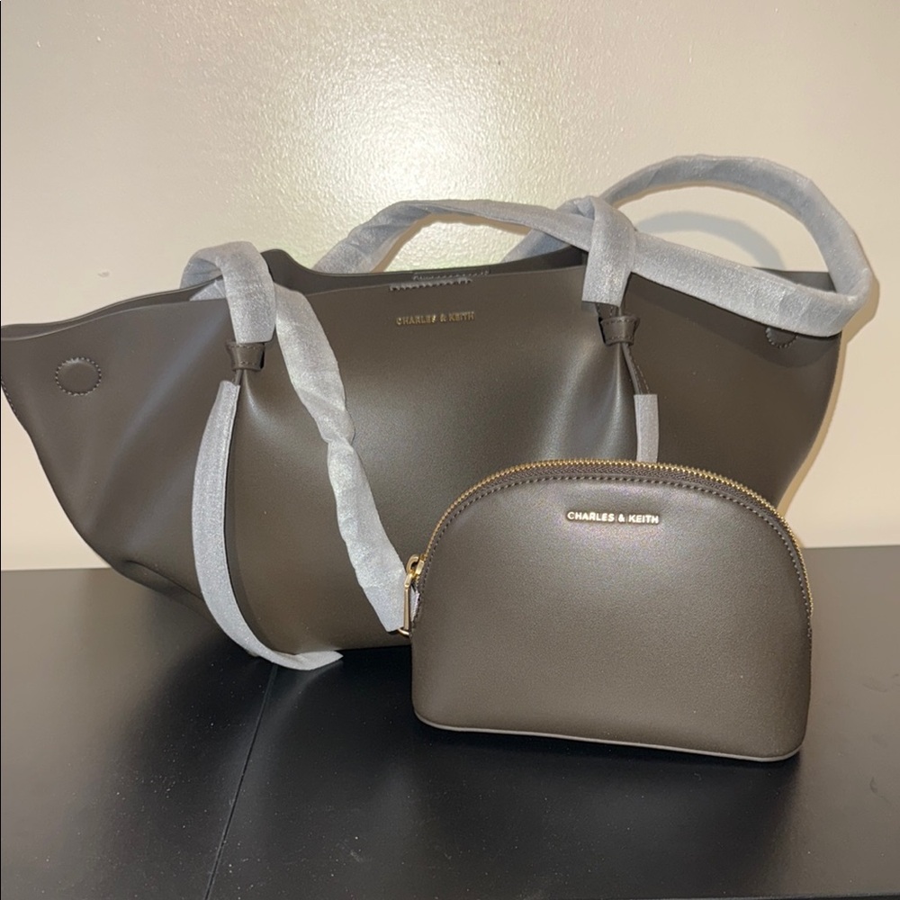 Charles & Keith Calla Tote Bag - Dark Moss/Brown Tote and Pouch Set